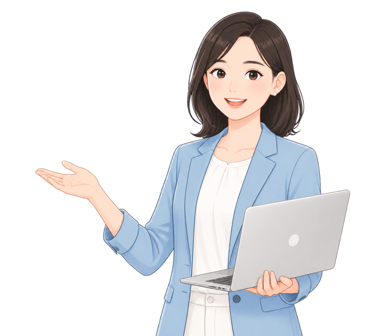 ノートPCを持って案内する女性スタッフのイラスト